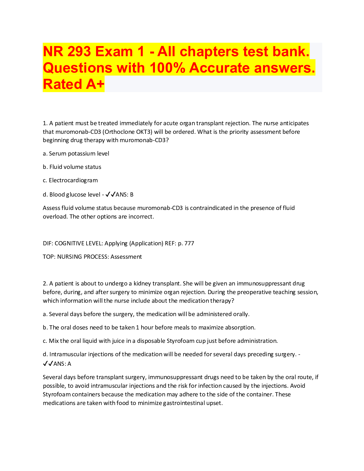 Preview of NR 293 Exam 1 - All chapters test bank. Questions with 100% Accurate answers. Rated A+